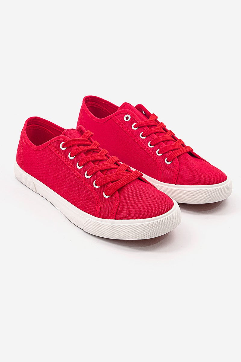 Tchibo Women Lace Up Canvas Casual Shoes, Red and White - Image 1